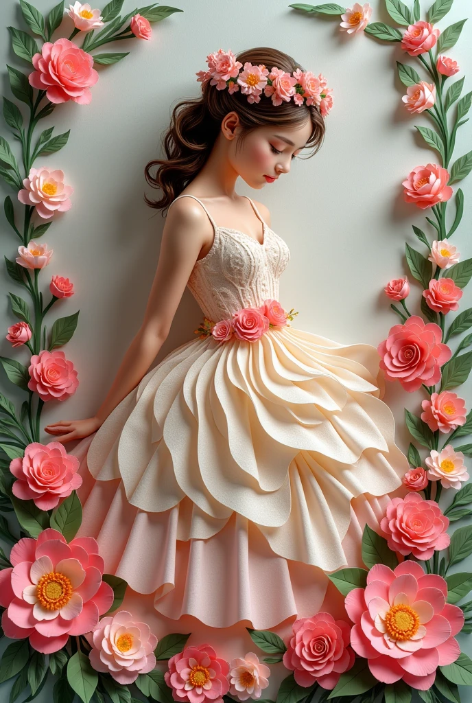 Paper Art、Cut out paper 、Dressed in a paper and paper blue flower wedding dress 、Beautiful girl、 dancing in the fairy country of the Baroque palace　 Professional Photographer's Lighting 　Beautiful design　Beautiful color scheme 　 masterpiece