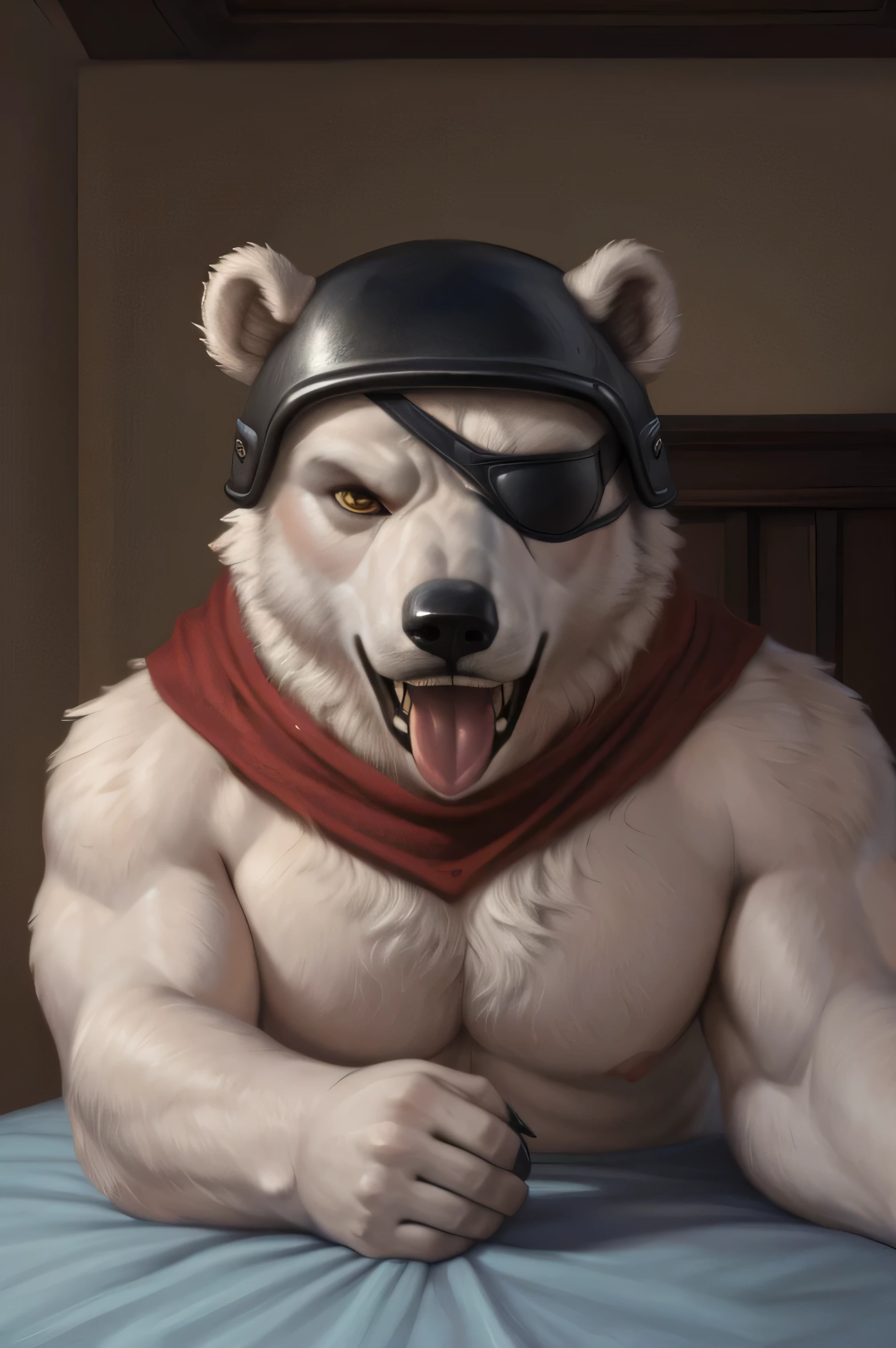 (by personalami realistic , by narse, by honovy, by tojo the thief) a by realista fur in white , Very strong but very craving in face_polar bear patroller , (verg tongue of dicha in face ),verg big huge chest muscles of fur in white, isla ,(polar patroller for big up lighting eye of brown and big eyepatch ) more big muscular and fat, Very polar bear in teeth, Very large chest of fur in white , Very claws in five,bear polar or hand of claws in five of dark , light of iris color,dark helmet, verg eyepatch,verg up for lighting eye Brown, verg more realistic polar patroller , _polar bear, polar patroller _claws of five, open mouth of Tongue , perfect realista colors, verg realista perfect lighting , anthro eye lighting Brown polar bear, ( polar bear fur:1.3,Postura de piernas abiertas, playa of lying in bed, Big breast , correct verg modelo _shorts, (photorealistic detailed fur, masterpiece:1.2), ( verg lighting eye for light Brown ), detailed bear eyes, (smile and tongue ), Infinite or sweat :1.4, calor in bear polar,((polar patroller_ vacaciones , polar patroller in crazy por angry ((paws up)) (pa fetish)) ((five toes)) ((paw showing)) ((laying on bed))