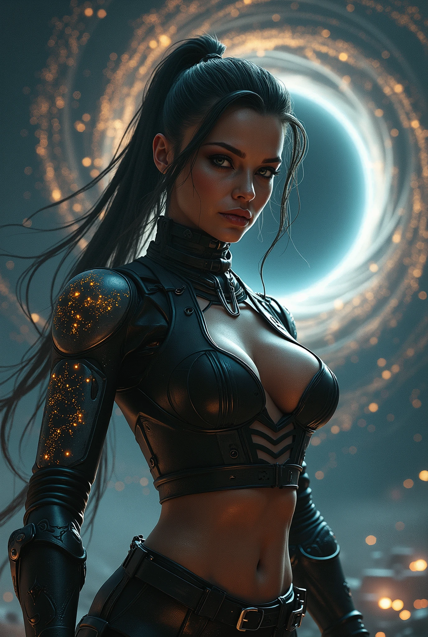 Alison Tyler uma figura bastante esguia. Ela tem cabelo preto longo , grandes olhos verdes claros, sitting on the ground in the desert on a dark and magical night. The sky is full of shine, estrelas radiantes, obscured by a smoky cloud of galactic ferns. A has a calm and astonished facial expression and watches the stars with amazement and admiration. She uses her hands to support her head, while enjoying the unique wonder of the universe. A is wearing comfortable clothes that match the quality of the cold night, com sombras suaves projetadas em sua pele. As cores da imagem exalam a magia da noite e das estrelas, with the deep blue of the sky and the golden shine of the stars and the galactic landscape., decote exposto, seios grandes, Qualidade superior, Muitos detalhes, Sharp and realistic Puri focus