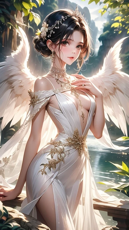 masterpiece, highest quality, Very detailed, 16k, Ultra-high resolution, Cowboy Shot, -yeld gi Detailed face, Perfect Fingers, Angel halo on head, Golden Eyes, blonde, short hair, Angel wings growing on your back, (naked:1.3), Above the Clouds, temple, bed, Lying on your back