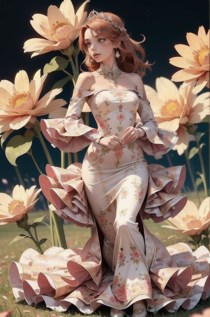 masterpiece, high quality, Fr3ckles, freckles, long hair, ginger hair, grey eyes, 1girl, p1nkfluff, floral pattern,bare shoulders,gown, fluffy dress, tight dress, full body, wide sleeves, (field, flowers),