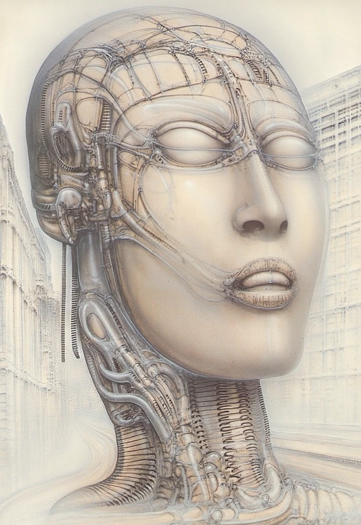 H. R. Giger's g1g3r, , Giger_style, H. R. Giger's g1g3r, , Giger_style, The image is a detailed view of H.R. Giger's \" Aleph (work 210) \" plate, featuring   vault , a surrealistic depiction digital artwork featuring a face with a head made of mechanical parts and wires, with a human-like figure in the foreground. By giger in gigeresqe style  a prominent presence of the alien figure, which appears to be an extraterrestrial. By giger in gigeresqe style  (best quality:1.4), anatomically correct limbs, (Triadic:1.1), (Proportion:1.1),  , (Reflected light:1.2), Parchment, ultra detailed, intricate,, dry b (best quality:1.4), H.R. GIGER,  BY GIGER