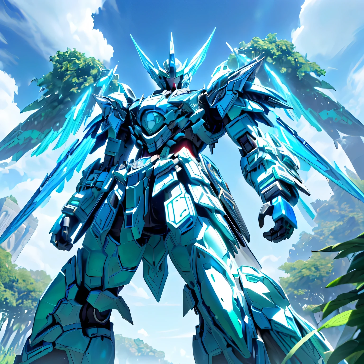 (Big Clouds, blue sky: 1.5, sunlight pouring down to the ground through a break in the clouds: 2.0, Pillar of Light, Many white birds flying in the sky : 1.0), ( green leaves are dancing in strong winds : 1.5), (Mecha:1.3), (( blue robots are making violent movements: 1.5)), (RAW photo, several people having fun with each other while having very detailed , Super detailed, best quality, masterpiece, 8k wallpaper, high definition , super precise illustration , using Unreal Engine: 2.0, Unreal Engine 6, Unreal Engine 5), green eyes, alone, (Game CG:1.2), ( Black Light:1), glowing eyes, tight waist, ((Detailed depiction of Mecha, 4K, 8k, 16k, 32K)), big chest armor , Large shoulder armor, ( lots of blue discharges from armor ), Has 1 large horn on its head , (( a giant sword)), (Resplendently decorated armor: 1.5), (from below), Nijimecha