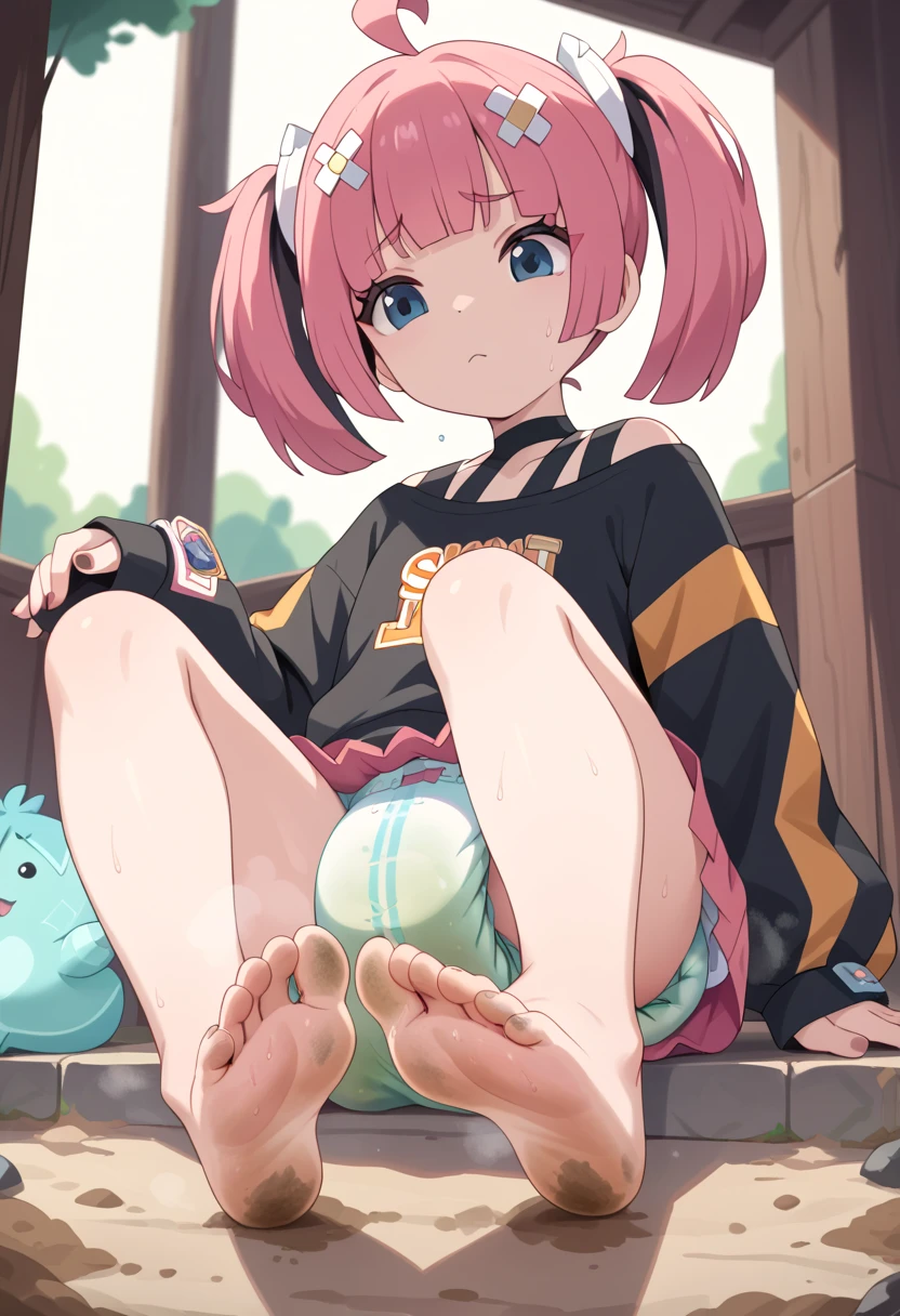 masterpiece, best quality, highres, sango as a toddler, girl sitting, wet diaper, very cute, adorable, curious, barefoot sole, foot focus, dirt, smelly, stinky, steamy, sweaty