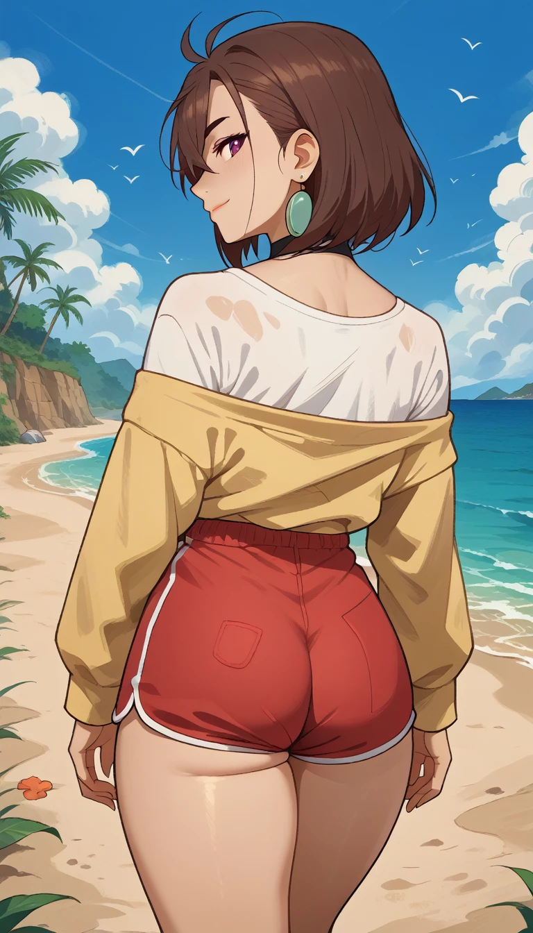 masterpiece,    best quality   ,    Back View,  Momo Ayase, brown hair ( She wears tiny blue dolphin shorts)bare shoulders,,   thick thighs   ,strength,   walking on the beach ,smile,Sunglasses with green lenses ,   look back,   big ass,perfect anatomy,colorful,cena sensual, film ,