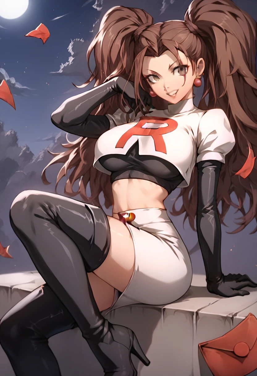 Team rocket, team rocket uniform, red letter R, white skirt,white crop top,black thigh-high boots, black elbow gloves, evil smile, night sky background, earrings, large breasts, high-heeled boots, rise kujikawa, brown hair, twintails