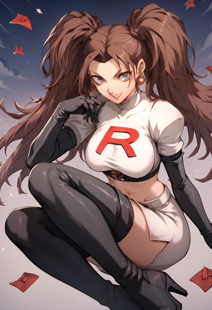 Team rocket, team rocket uniform, red letter R, white skirt,white crop top,black thigh-high boots, black elbow gloves, evil smile, night sky background, earrings, large breasts, high-heeled boots, rise kujikawa, brown hair, twintails