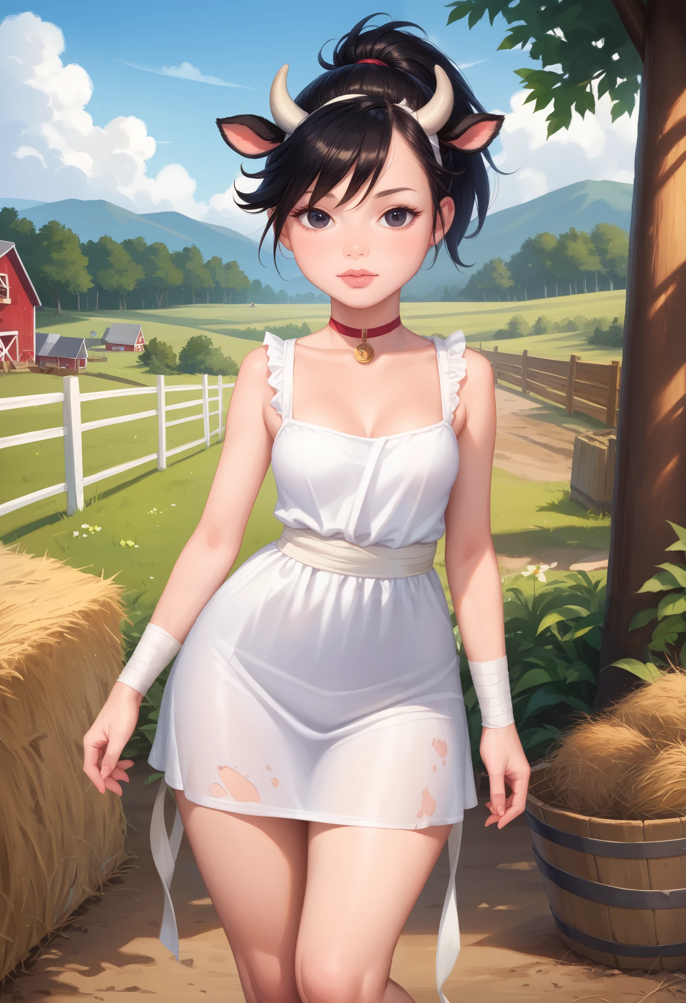 dororo, black hair, ponytail, choker, black eyes, bandages, wrist wrap, ankle wrap, masterpiece, best quality, photorealistic, 1girl, solo, looking at viewer, , depth of field, (watercolor illustration, soft pastel colors:1.1), realistic, dororo, huge hips. small saggy breasts. huge hips. choker. сow horns. cow dress. farm. bales of hay.
