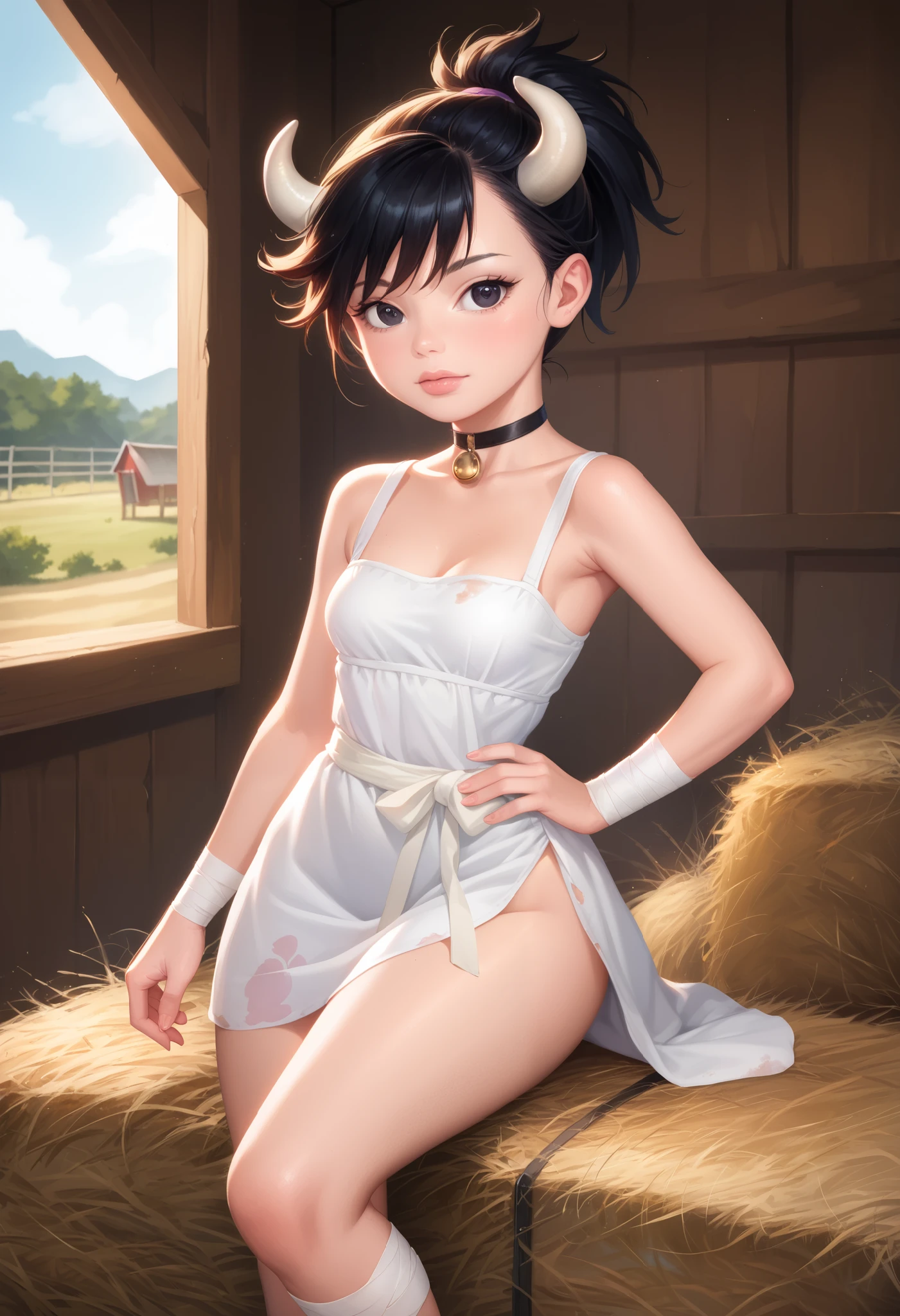 dororo, black hair, ponytail, choker, black eyes, bandages, wrist wrap, ankle wrap, masterpiece, best quality, photorealistic, 1girl, solo, looking at viewer, , depth of field, (watercolor illustration, soft pastel colors:1.1), realistic, dororo, huge hips. small saggy breasts. huge hips. choker. сow horns. cow dress. farm. bales of hay.
