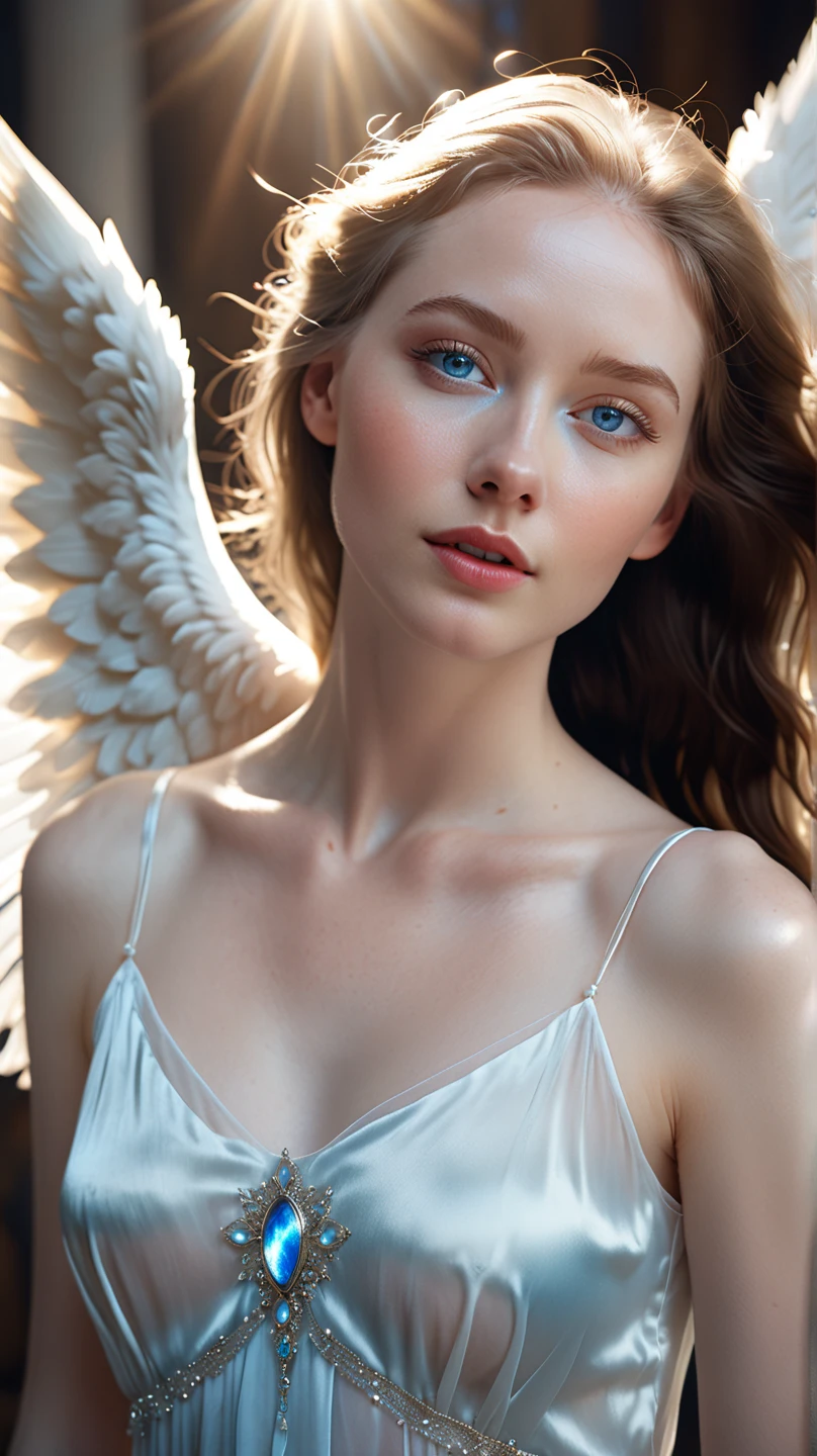 A woman with pale skin and blue eyes and an angelic face dances with a dreamy expression, as if she is dreaming. Camera angle that captures the upper body above the hips, clear resolution, cinematic lighting, clear picture quality, realistic atmosphere, bright theme, surreal atmosphere,