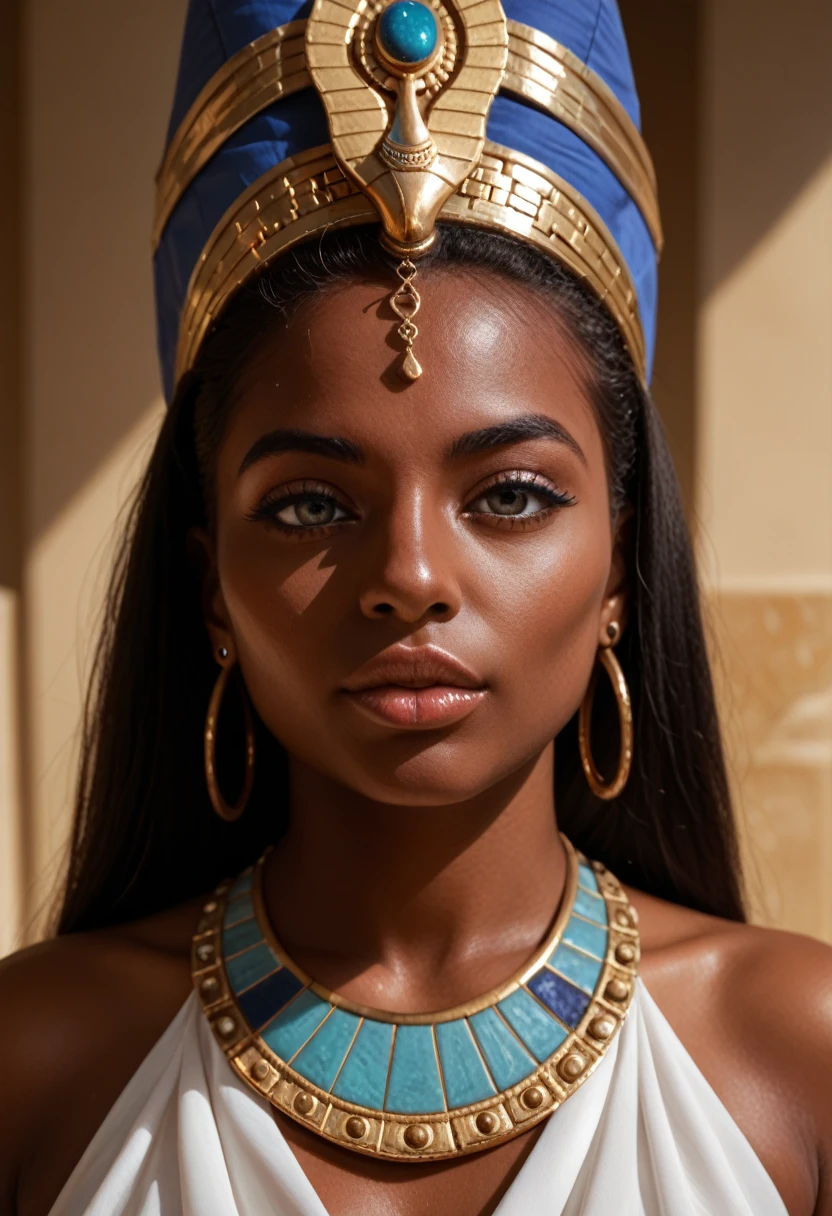 photorealistic high resolution portrait of Nefertiti, Queen of Egypt, beautiful woman with regal bearing, extremely detailed face, piercing eyes, full lips, elaborately decorated headdress, ornate jewelry, soft warm lighting, dramatic chiaroscuro, cinematic composition, oil painting, renaissance style, muted color palette, (best quality,4k,8k,highres,masterpiece:1.2),ultra-detailed,(realistic,photorealistic,photo-realistic:1.37),HDR,UHD,studio lighting,ultra-fine painting,sharp focus,physically-based rendering,extreme detail description,professional,vivid colors,bokeh