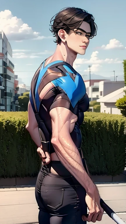 (   best quality ), (   best quality ), (   best quality ), (Overall view) Backstreets, クールでハンサムな顔の日本人美しい若い青年18 years old, Nightwing  アーマー, 18 years old, small waist , : 190cm,   long bangs ,Nightwing  ,