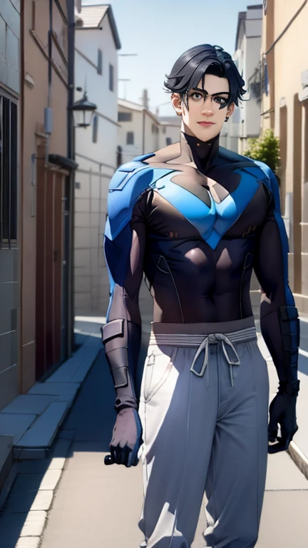 (   best quality ), (   best quality ), (   best quality ), (Overall view) Backstreets, クールでハンサムな顔の日本人美しい若い青年18 years old, Nightwing  アーマー, 18 years old, small waist , : 190cm,   long bangs ,Nightwing  ,