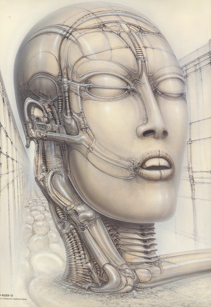 H. R. Giger's g1g3r, , Giger_style, H. R. Giger's g1g3r, , Giger_style, The image is a detailed view of H.R. Giger's \" Aleph (work 210) \" plate, featuring   vault , a surrealistic depiction digital artwork featuring a face with a head made of mechanical parts and wires, with a human-like figure in the foreground. By giger in gigeresqe style  a prominent presence of the alien figure, which appears to be an extraterrestrial. By giger in gigeresqe style  (best quality:1.4), anatomically correct limbs, (Triadic:1.1), (Proportion:1.1),  , (Reflected light:1.2), Parchment, ultra detailed, intricate,, dry b (best quality:1.4), H.R. GIGER,  BY GIGER