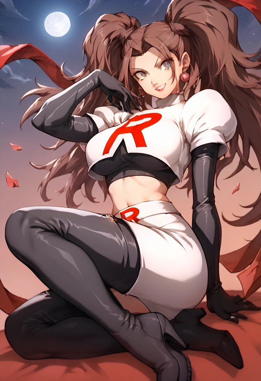 Team rocket, team rocket uniform, red letter R, white skirt,white crop top,black thigh-high boots, black elbow gloves, evil smile, night sky background, earrings, large breasts, high-heeled boots, rise kujikawa, brown hair, twintails