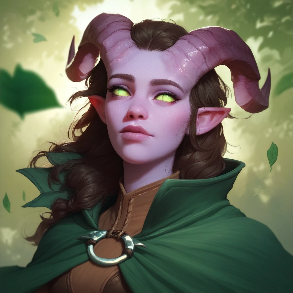 (((nice,  good quality ))), portrait, Score_9, Score_8_high, Score_7_high, tiefling, pointed ears, Horns, colored sclera, 1 woman, attractive face, light purple skin,  black long hair , green eyes, brown leather cape , brown top,  green cape with leaves pattern fantasy background,  blurred background