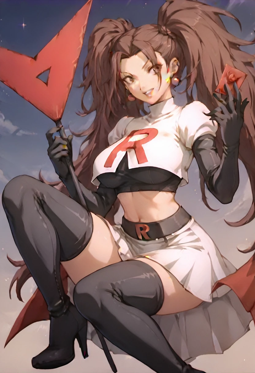 Team rocket, team rocket uniform, red letter R, white skirt,white crop top,black thigh-high boots, black elbow gloves, evil smile, night sky background, earrings, large breasts, high-heeled boots, rise kujikawa, brown hair, twintails