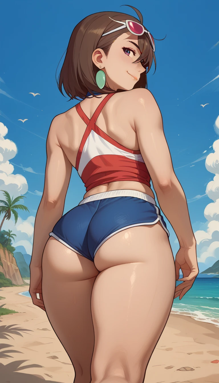 masterpiece,    best quality   ,    Back View,  Momo Ayase, brown hair (  She wears tiny blue dolphin shorts, Butt pulp appears )bare shoulders,,   thick thighs   ,strength,   walking on the beach ,smile,Sunglasses with green lenses ,   look back,   big ass,perfect anatomy,colorful,cena sensual, film ,