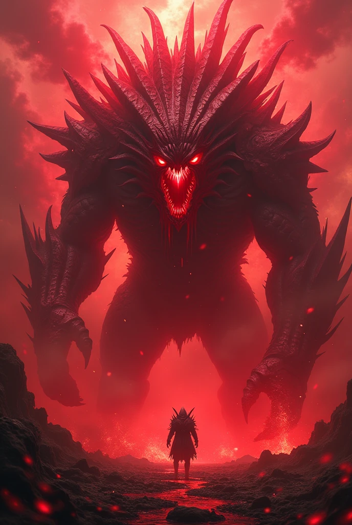 ((best quality)), ((masterpiece)), (detailed), A digital silhouette illustration of a giant monster made up of writhing worms, with sharp teeth and glowing red eyes. The monster is destroying a desert area