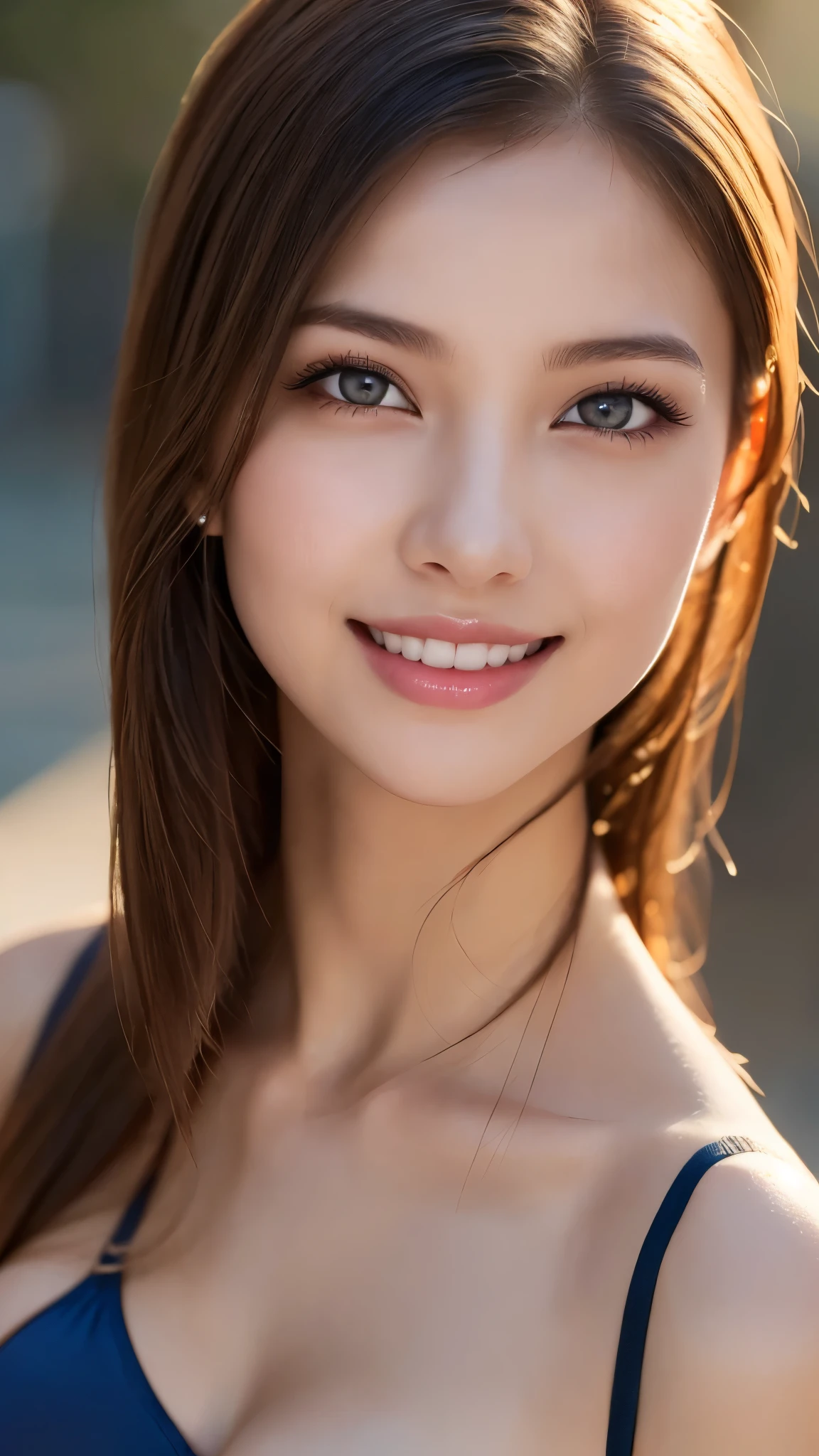 ((highest quality、8k、masterpiece:1.3))、Shooting at sea、Angle from below、Gal Makeup、Ganguro Makeup、blue eyes、Beautiful feet、Cleavage、Butt、No sleeve、Wearing shorts。、One Girl、Beautiful Japanese Women:1.3、(Long Hair、 outside:1.2)、 Pink leopard print bikini:1.2、Beautiful woman with perfect style：1.4、Perfect Eyes、Calm Eyes、Natural smile、Perfect Iris、Perfect Lips、Golden Skin、Do not polish、Super detailed face、Delicate eyes、double eyelid、Soft Breasts、Laughter、Exposed Cleavage、