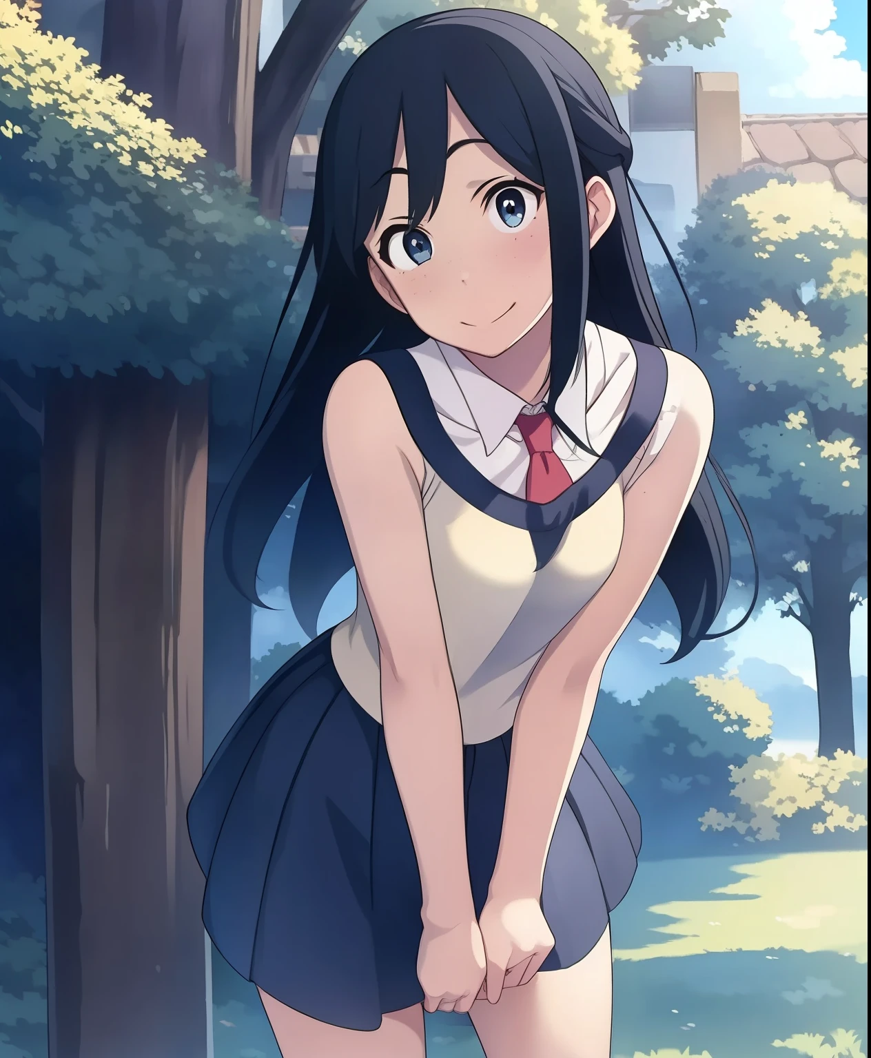 (masterpiece、 best quality、 best quality、 Official Art、 beautiful and beautiful :1.2)、( one girl :1.3),masterpiece, best quality, high definition , blue eyes, [Selina \( Pokémon\), 1 girl, Alone, Knee-high, Long Hair, have , jewelry, Bracelets, black Knee-high, colored shirt , Pleated Skirts, red skirt, sleeveless, High Waist Skirt, sleeveless shirt, eyelash , pink headwear , black shirt , Turn eyewear into headwear, COWBOY SHOOTING , Field, smile, closed mouth, from below , thick thighs , looking down at viewers ,