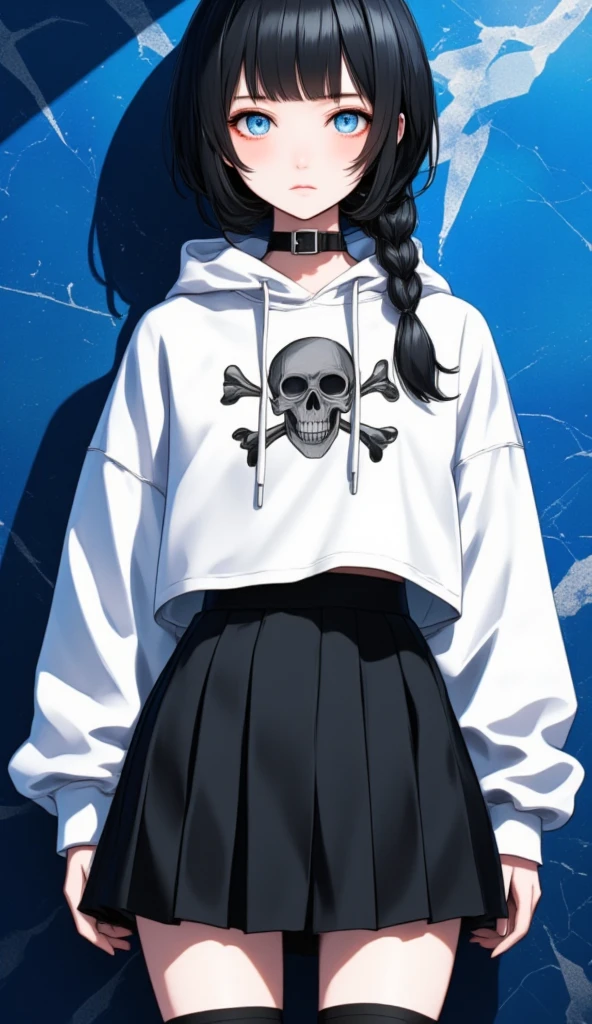 ultramarine blue background 、 marble pattern background、  girl just standing  , Only Girl、  full body shot from the front,   ultra high resolution,   best quality、☠  HOODIE、  flat chest、  beautiful details 、  black hair、  French braid:1.48、  black hair ×   blue eyes、  blue eyes、  serious expressions、 💀mark&#39;白い  HOODIE、  black pleated skirt  、 A sneak suit 、 black knee socks 