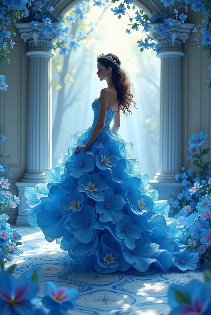 Paper Art、Cut out paper 、Dressed in a paper and paper blue flower wedding dress 、Beautiful girl、 dancing in the fairy country of the Baroque palace　 Professional Photographer's Lighting 　Beautiful design　Beautiful color scheme 　 masterpiece