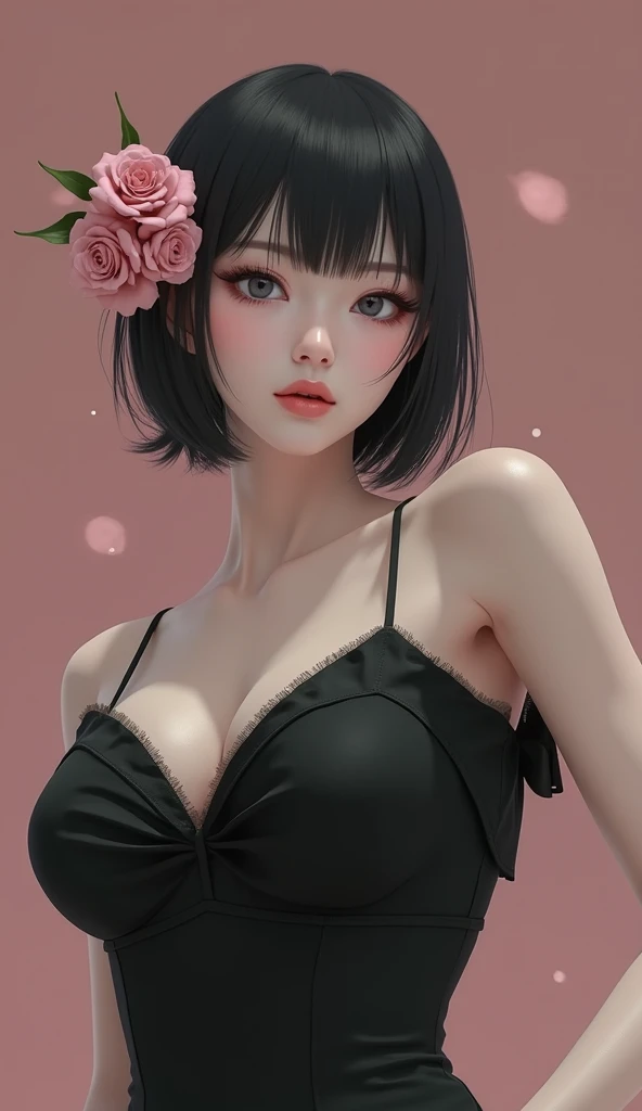 tsuruta ichiro, Narrow-eyed, 1girl in, Allback、deadpan、short-hair、shorth hair、brow、Reluctance、A dark-haired、Tucked Hair Solo, Cowgirl, Onepiece, ((mideum breasts)), Thin slit eyes、Black eyes, Light shines on the eyes、Black hair, gloves, Dress, Luxurious Jewelry, earrings, sharp eye、 elbow groves,Raise your hands and tie your hair back, random color, random color dress, Makeup for long eyes, Slender eyes、lip stick, Complex petal pattern, Rim Light, Back Light, pastel color,Studio Lighting
