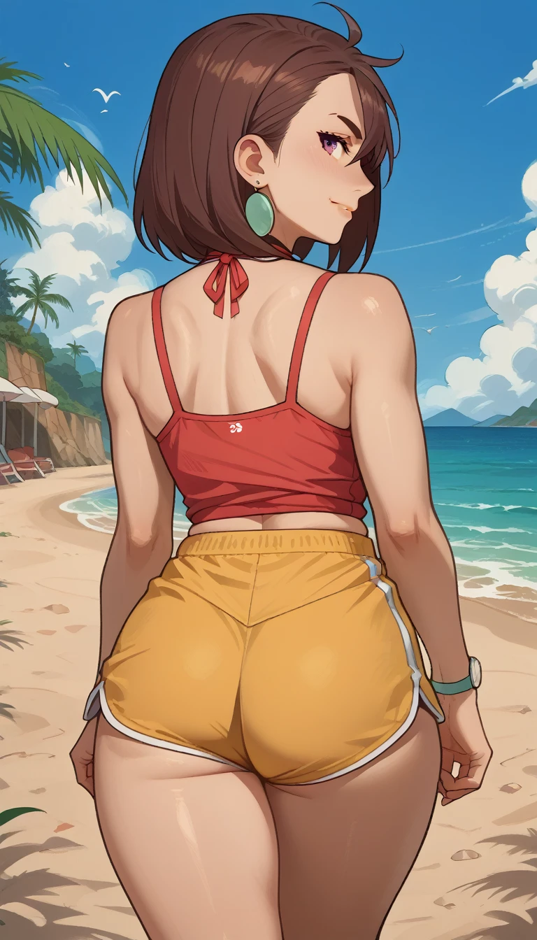 masterpiece,    best quality   ,    Back View,  Momo Ayase, brown hair ( She wears tiny yellow dolphin shorts, Butt pulp appears )bare shoulders,,   thick thighs   ,strength,   walking on the beach ,smile,Sunglasses with green lenses ,   look back,   big ass,perfect anatomy,colorful,cena sensual, film ,