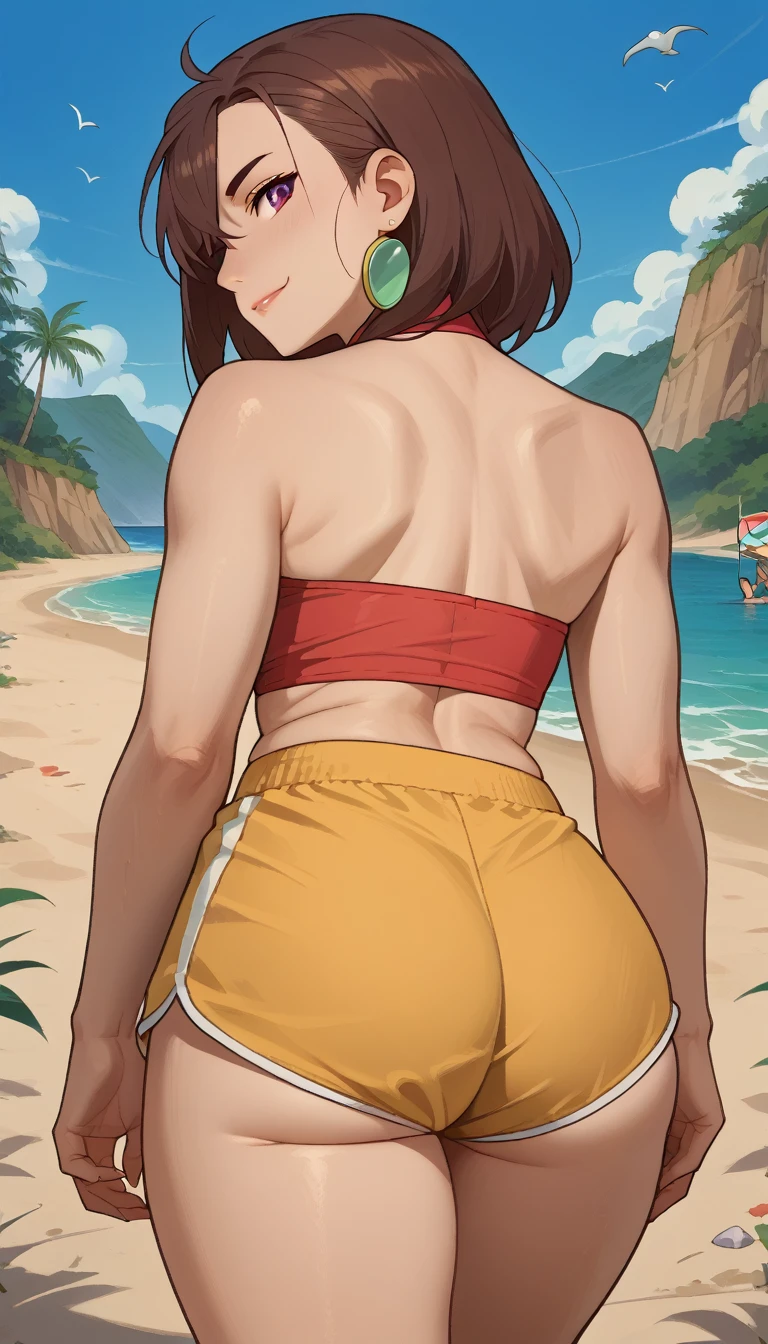 masterpiece,    best quality   ,    Back View,  Momo Ayase, brown hair ( She wears tiny yellow dolphin shorts, Butt pulp appears )bare shoulders,,   thick thighs   ,strength,   walking on the beach ,smile,Sunglasses with green lenses ,   look back,   big ass,perfect anatomy,colorful,cena sensual, film ,