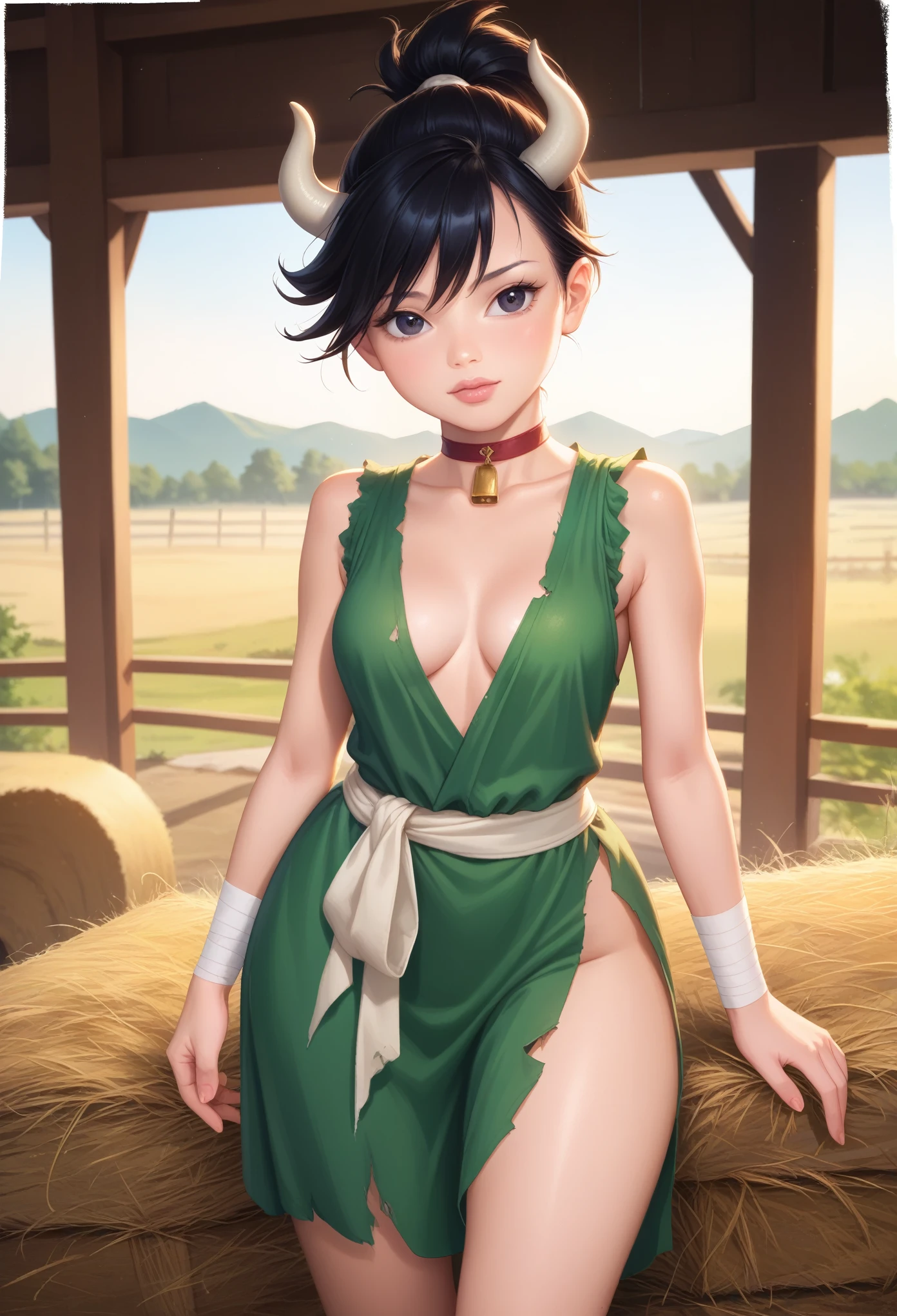 dororo, black hair, ponytail, choker, black eyes, bandages, wrist wrap, ankle wrap, masterpiece, best quality, photorealistic, 1girl, solo, looking at viewer, , depth of field, (watercolor illustration, soft pastel colors:1.1), realistic, dororo, huge hips. small saggy breasts. huge hips. choker. сow horns. cow dress. farm. bales of hay.
