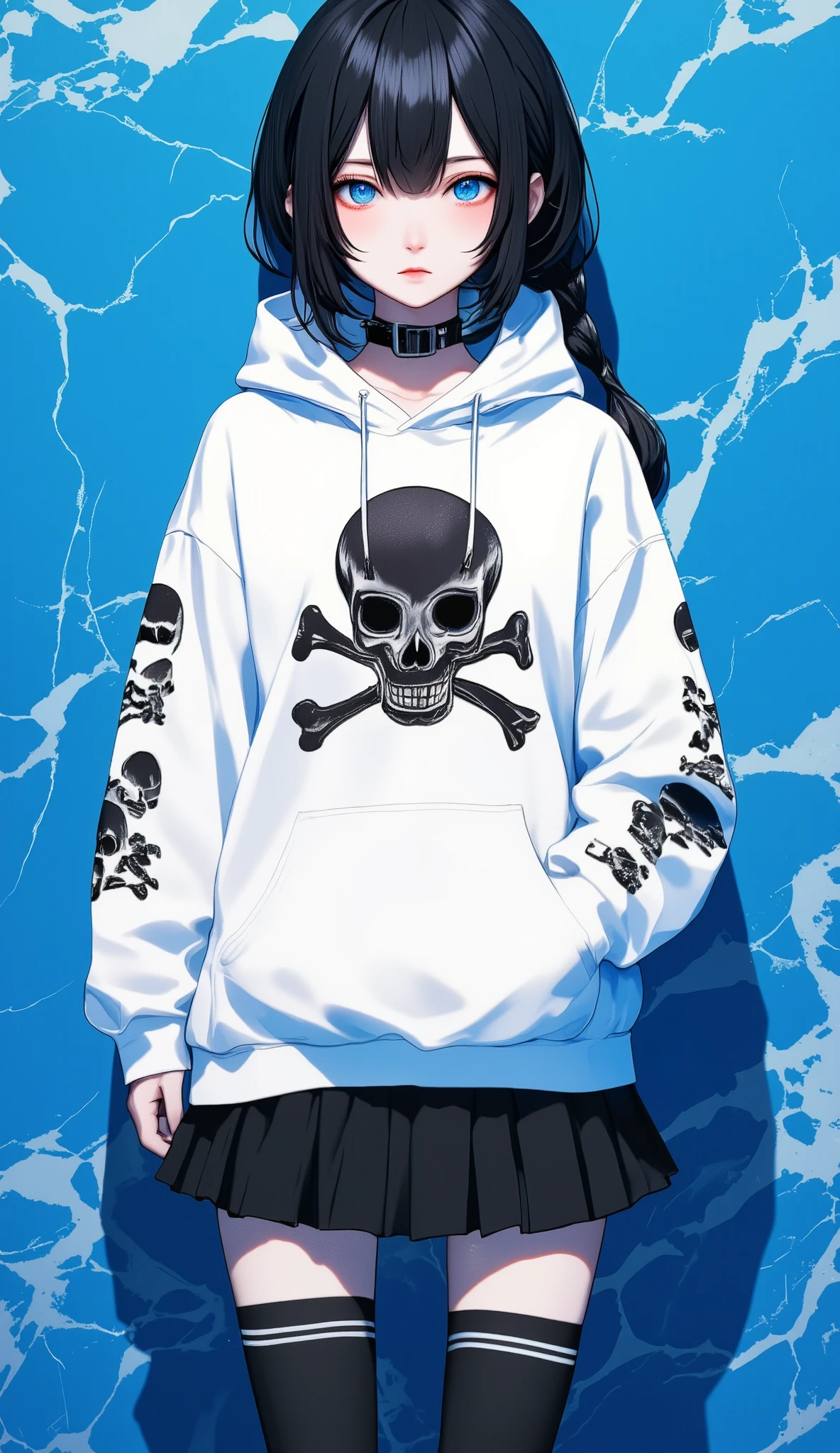 ultramarine blue background 、 marble pattern background、  girl just standing  , Only Girl、  full body shot from the front,   ultra high resolution,   best quality、☠  HOODIE、  flat chest、  beautiful details 、  black hair、  French braid:1.48、  black hair ×   blue eyes、  blue eyes、  serious expressions、 💀mark&#39;白い  HOODIE、  black pleated skirt  、 A sneak suit 、 black knee socks 