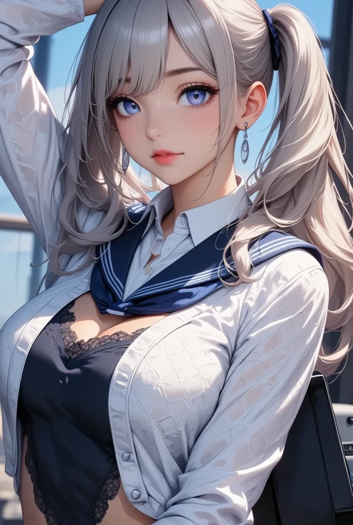 Random preview, Tiro de corpo inteiro, anime, Estilo Anime Mulher Realista, (Blue-eyed Hungarian),  de 18 anos, ((blazer cinza, Amor, mini saia plissada azul marinho, Meias)), University Classroom, Belo detalhe nos olhos, (tamanho dos olhos: 3/4) luz no rosto, ((Foto de corpo inteiro: 1.2)), Luz especialmente forte, (Olhos superiores, Sorriso sorridente: 1.2), pele brilhante, (((random hair color))), (coxas grossas), ulzzang-6500-v1.1: 0.2, shy, (flash: 1.2), NSFW , (Inchado), ((postura sedutora: 1.2, atraente: 1.2)), (inativo), (sentado em uma mesa: 1.2)), ((boa anatomia: 1.2)), Sala de aula luminosa e refrescante, beautiful and symmetrical face, natural side lighting, 8k, Fotos RAW, Qualidade superior, Obras-primas, RAW color photos high definition professional close-up photos, (realista, fotorrealismo: 1.37), (mais alta qualidade), (sombras claras de alto contraste), (best illustrations), (erotic, sexy, ultra-high resolution, 8K HD Unified CG Wallpapers, Physical representation, film lighting), Canon EOS R50 camera with 50mm lens