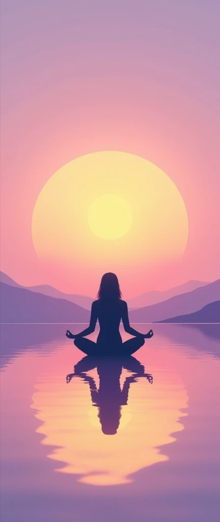 " A tranquil landscape with a background of golden and lilac sky during sunrise . in the center,  a meditative figure in a silhouette is seated in lotus position on a calm water surface that reflects the colors of the sky. Around the figure,  soft rings of golden and lilac light radiate energy .  The upper part of the image has an empty and clear space , perfect to add an inspirational phrase .  The design is minimalist ,  focusing on serenity and spiritual harmony ."