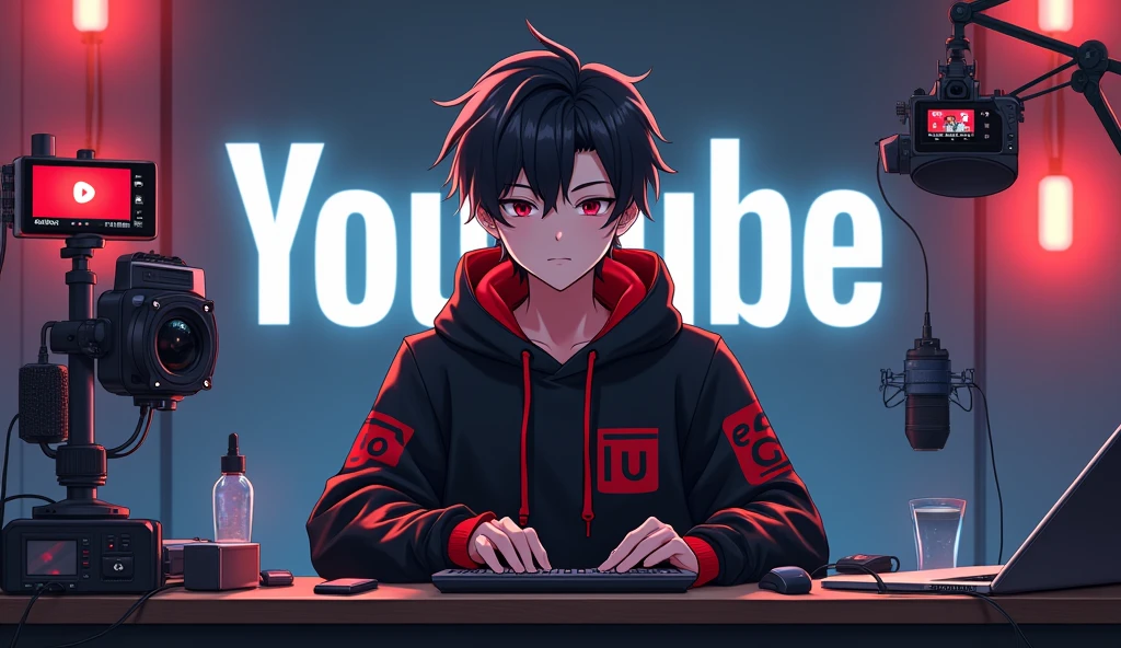 creat a image of 18 year anime boy with a microphone and laptop wearing black and red hoodi and the background inclove a large YouTube logo and voice equipment and ratio landscaping