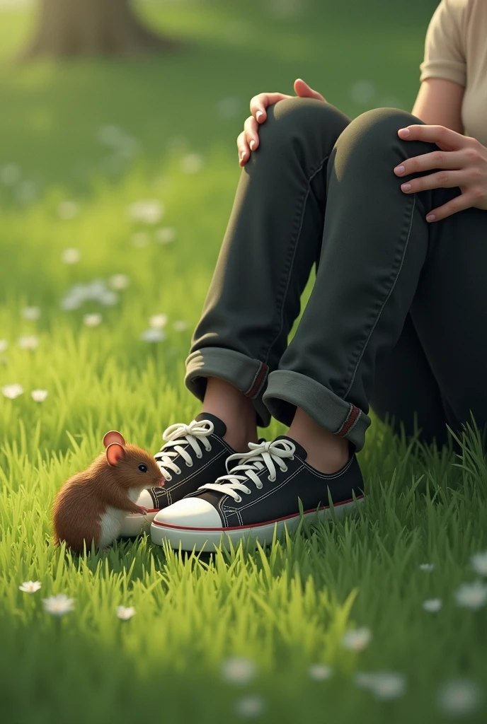 A sits on the grass with their shoes on, while a mouse curiously examines the laces of their shoes.