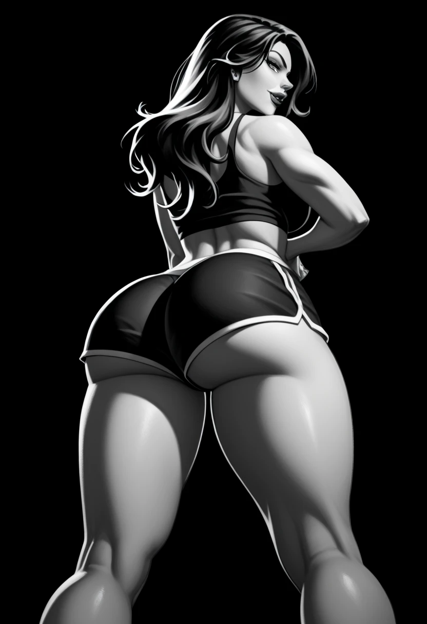  ((((vista inferior,  lower angle)))  a girl,   (  the girl wears tiny dolphin shorts, Butt pulp appears ) big , subtle smile,    full lips   , Alone,    long hair  ,  green-eyed,    black background, Bright Eyes, by vergvoktre    , dramatic, intense,  (((pose: Em pé   Back View, )),    thick thighs   ,  steep butt  ,   Back View,  full legs,   intricate details  , hyper detailed, filmic, dark photo,     grainy film    , calming tones, soft colors, INTERVALO technicolor ,   raytracing art style d4rk4rt , monochrome, grayscale