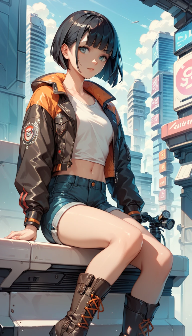 A girl riding a bike in the city with buildings in the background, 8K、Cyberpunk Art、Sitting on a cyberpunk bike、8K壁紙、Cyberpunk art、Medium chest
