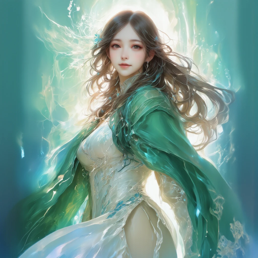 A fantasy-portrait of a asian woman,spirit of the wind,ultra realistic Photo and full detailed, her outfit:a white coat layered with a long deep green shawl draped over the shoulders and flowin in the wind. The shawl has a smooth texture with fringed edges. The lower part of the outfit features a cream or white long skirt. She is standing ,enveloped in a soft, bluish glow that resembles the delicate mist of a morning. A magical moment .