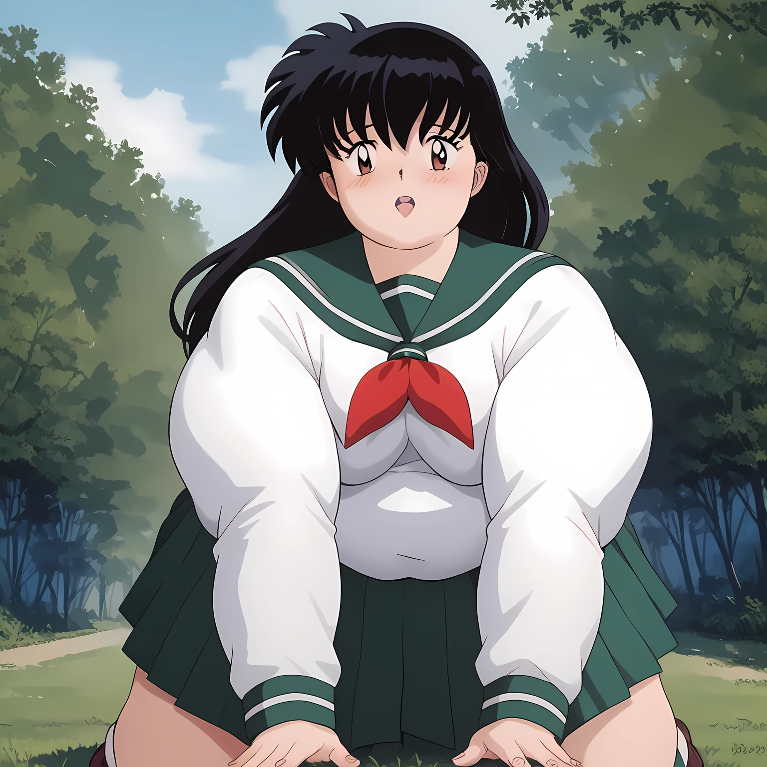 score_9, score_8_up, score_7_up, source_anime,
kagomehigurashi, kagome higurashi, long hair, black hair, retro artstyle, brown eyes, blush, open mouth,
skirt, shirt, long sleeves, school uniform, white shirt, pleated skirt, serafuku, sailor collar, neckerchief, green skirt, red neckerchief,
outdoors, forest, nature,
looking at viewer,  fat, chubby, obese, gigantic arms and legs,  all on fours, embarassed, side view, detailed face, detailed eyes, perfect quality,