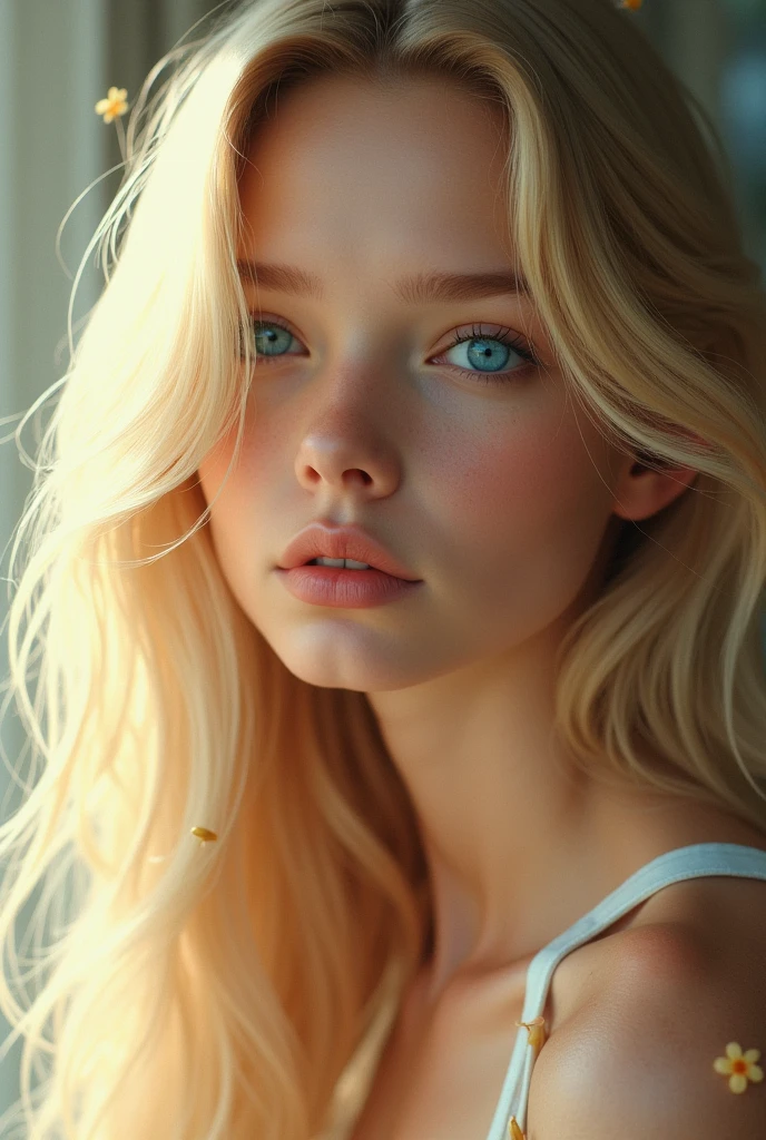 blonder woman, 12 year old, lying on her bed, no clothing, masturbating, pleasure face, NSFW, sexly, NUDE