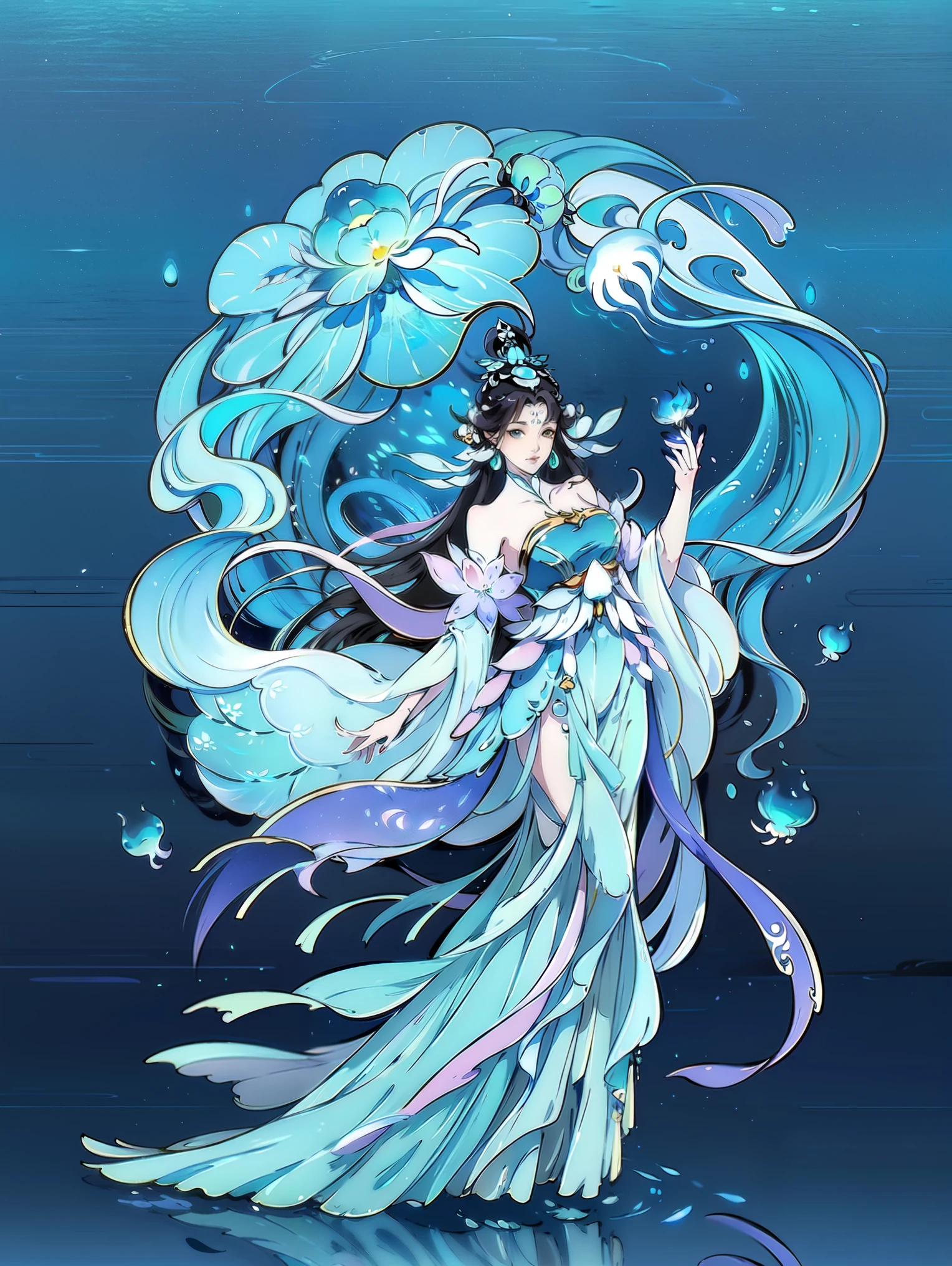 Wearing a blue dress、 Anime Girl with Jelly Floating on Her Body, Jellyfish Priestess, Wallpaper Anime Blue Sea , Glowing blue, glowing water element, Ethereal Anime, Jellyfish Shrine Maiden , Magical Dress , Ethereal Essence, Anime Art Wallpaper 8K, flowing dress, Beautiful anime art, fantasy art style , beautiful fantasy anime , Anime girl walking on water