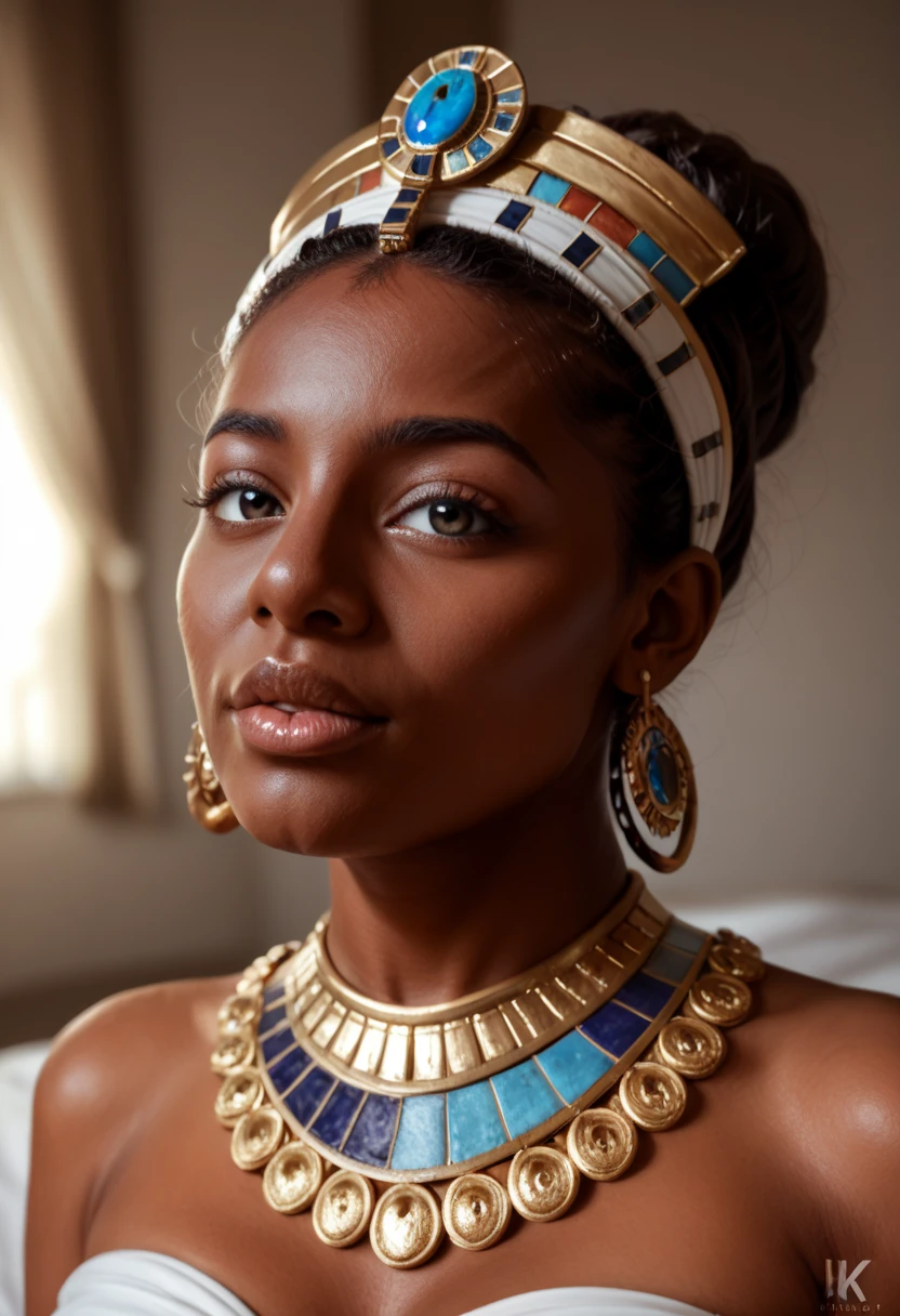 High resolution photorealistic image of Nefertiti, Queen of Egypt, beautiful woman with regal bearing, highly detailed face, piercing eyes, full lips, full body view, richly decorated headdress, ornate jewelry, warm and soft lighting, dramatic chiaroscuro, cinematic composition, oil painting, Renaissance style, soft color palette, (best quality, 4k, 8k, high resolution, masterpiece: 1.2), ultra-detailed, (realistic, photorealistic, photorealistic: 1.37), HDR, UHD, studio lighting, ultra-fine painting, sharp focus, physically-based rendering, extreme detail description, professional, vivid colors, bokeh