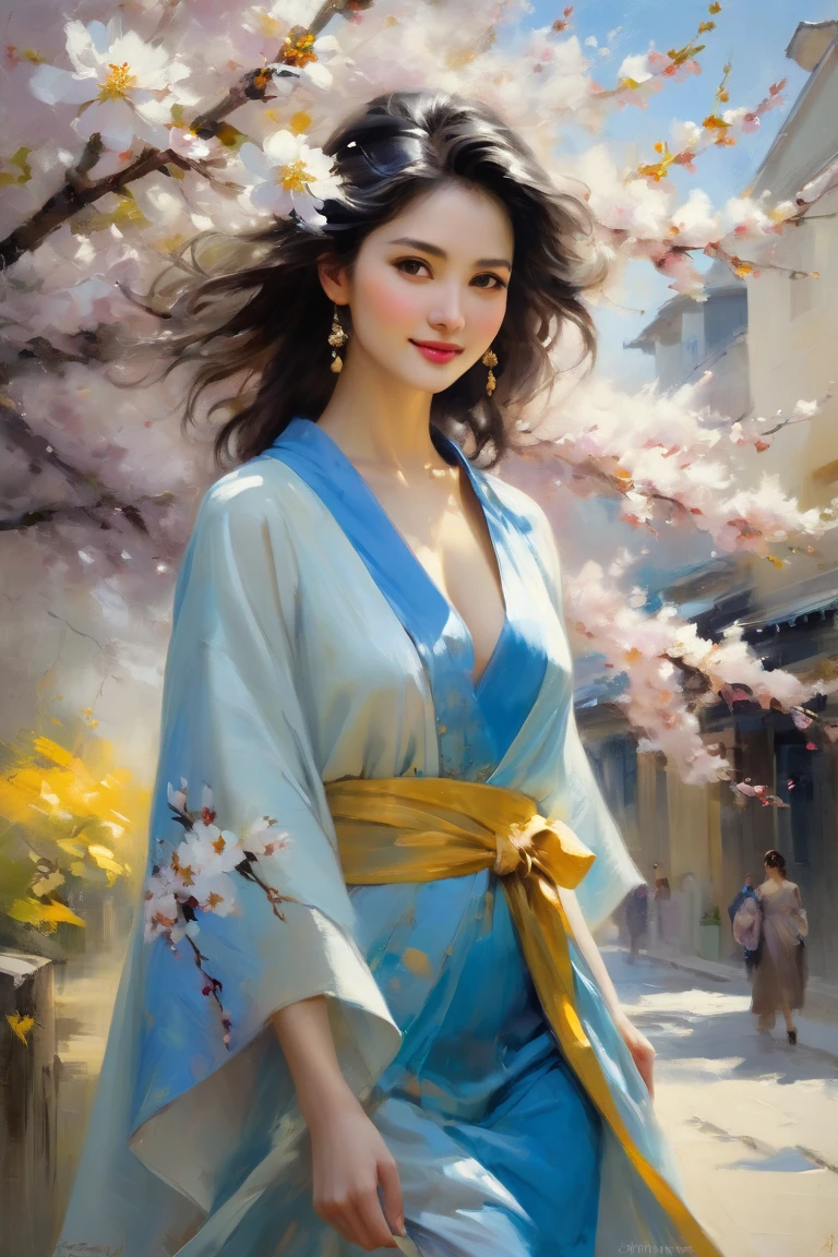 Pino Daeni style oil painting, dynamic brush stroke, pastel shades of blue, ocher, brown and bright colors, young woman, walking gracefully among white sakura blossoms, black hair, beautiful features, colorful palette, expressive touch, romantic atmosphere, soft lighting, vivid colors, yellow petticoat, blue cloak, refined elegance, playful confidence, dynamic pose, mysterious charm, stunning figure, correct proportions, graceful, artistic composition, dramatic contrast, paint mastery, impressionistic, irresistible, elegant, visual poetry, ethereal beauty, unforgettable impact, I look at you, I smile, my gaze is filled with your beauty, your hair waves, they give movement to the world around your beautiful face, they want to steal my gaze, but I only see your eyes, the bright ones , your wonderful eyes, windows full of light from all the beauty you hide inside!