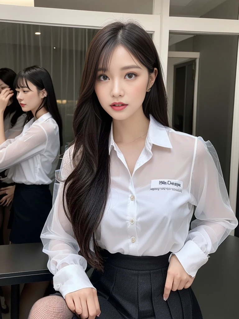 1 girl sitting in an office chair,Computer,(European model:1.3),31 years old,delicated,Business womenswear,(jaket:1.1),(The shirt:1.1),(Wrap skirt:1.1),jewelry,Hosiery,Stockings,black lence stockings,goosebumps,Goose - meat,(Fidelity:1.3),filigree,quality,(tmasterpiece:1.2),(Fidelity:1.2),(best qualtiy),(skin detailed:1.3),(Complicated details),dramatics,Ray traching,photore,Bathed in shadows,visual novel,The boss's office for a skyscraper,window with view on the city,filmgrain,depth of fields,mature,waved hair,By bangs