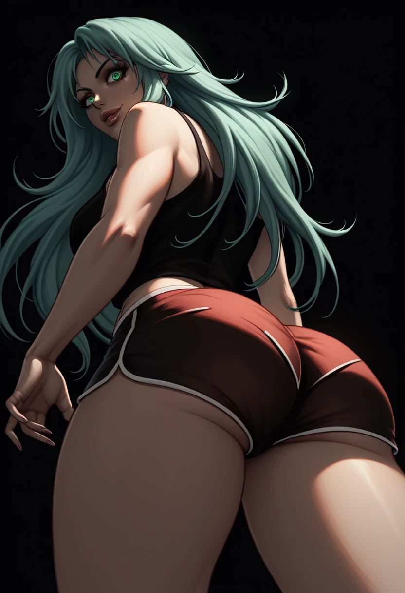  ((((vista inferior,  lower angle)))  a girl,   (  the girl wears tiny dolphin shorts, Butt pulp appears ) big , subtle smile,    full lips   , Alone,    long hair  ,  green-eyed,    black background, Bright Eyes, by vergvoktre    , dramatic, intense,  (((pose: Em pé   Back View, )),    thick thighs   ,  steep butt  ,   Back View,  full legs,   intricate details  , hyper detailed, filmic, dark photo,     grainy film    , calming tones, soft colors, INTERVALO technicolor ,   raytracing art style d4rk4rt , monochrome, grayscale