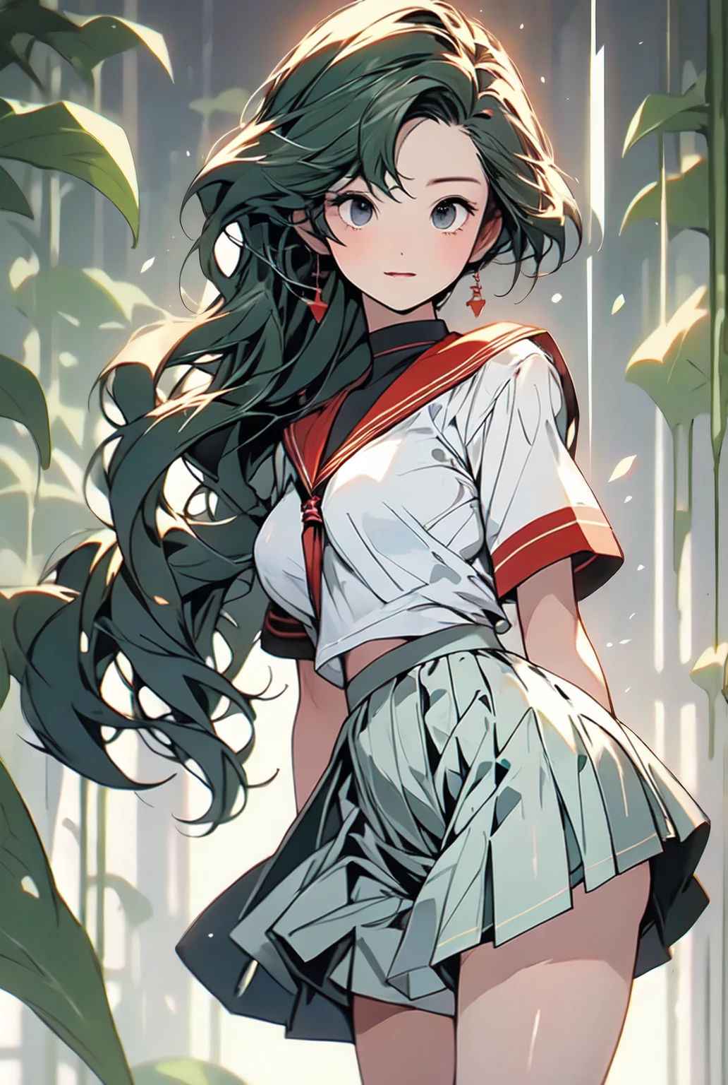 Hair is green、 sailor suit、White summer clothes、The collar is black 、 white three lines 、 the red scarf is short、 Pleated Skirts、 the pleats are narrow 、 length short skirt 、 miniskirt that snaps around the knee、Beautiful breasts、Big Breasts、Busty、超Big Breasts、Small waist、 long foot、