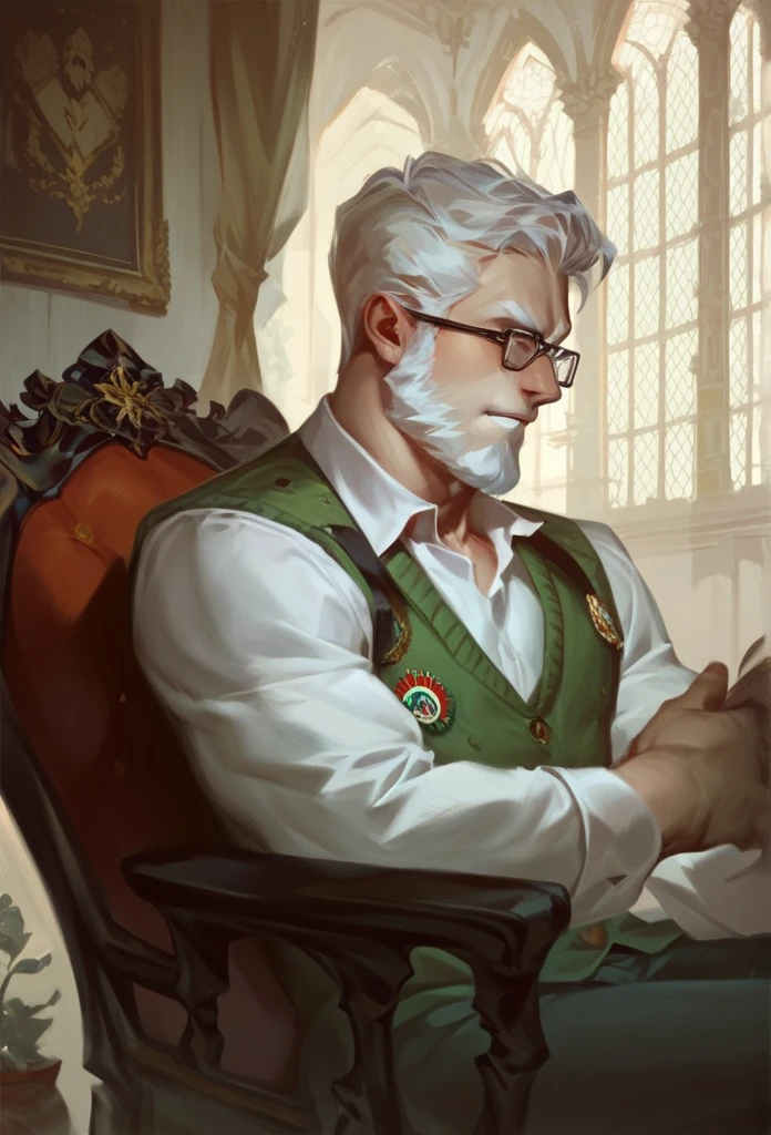   Italian old. White beard . Wearing glasses. .Gray hair. Sitting on a chair. 