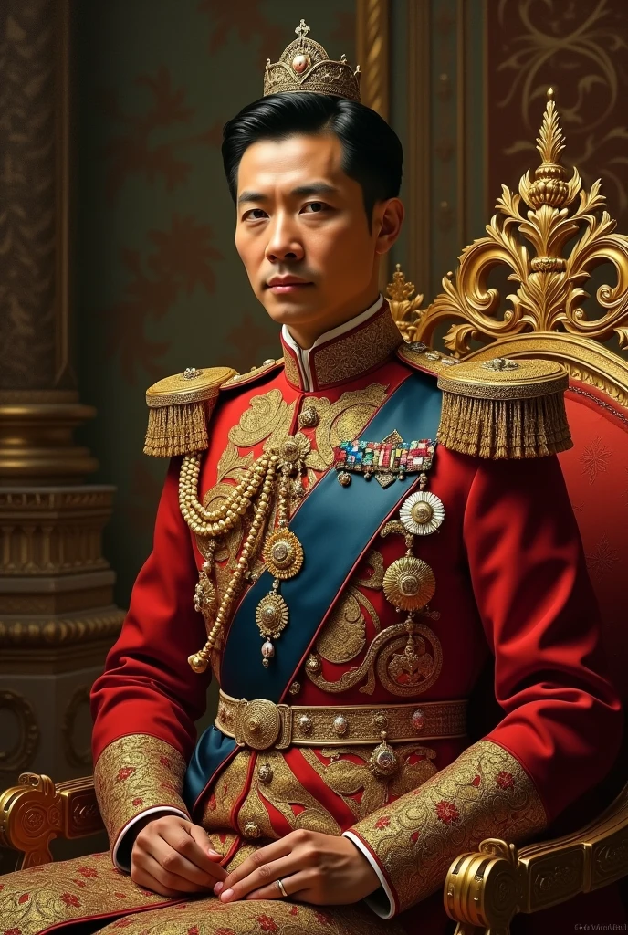 Best quality, A high resolution, Ultra-detailed, Realistic, sportrait, Delicate and ornate marshal uniform,Embroidered pattern,Golden dragon pattern,Complex accessories, Handsome Chinese general, Detailed facial features, piercing eyes, Contoured nose and lips, Strong and confident expression, With a neat hairstyle, Military insignia and insignia, Shiny gold-tone buttons, Dressed gorgeously, No hats,Command posture, Straight back and broad shoulders, Military headquarters background, dim murky lights,Maps on the walls, Patriotic color scheme with red and gold accents, Subtle shadows and highlights on the face, Create depth and dimensions