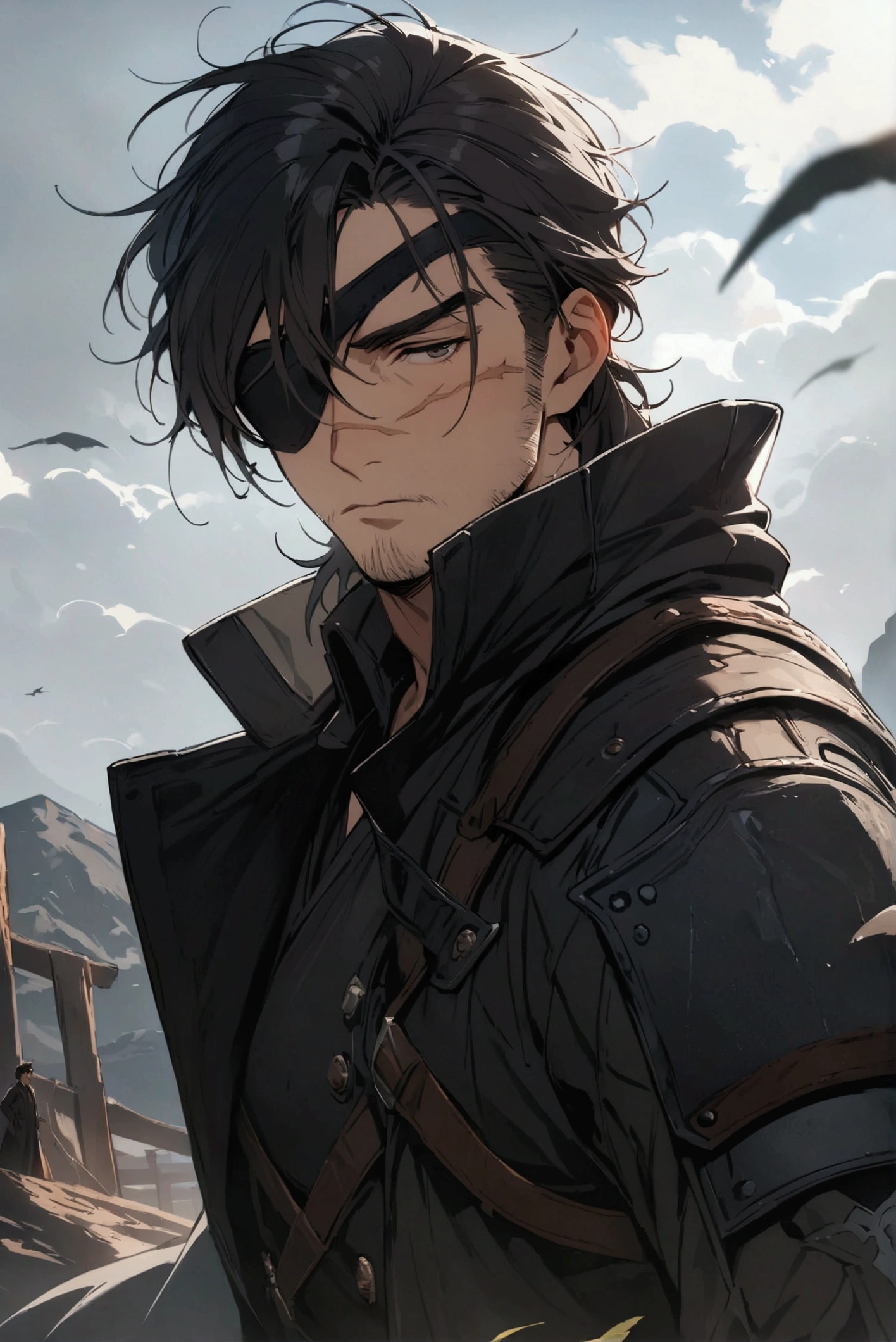 Highest image quality, outstanding details, ultra-high resolution, masterpiece, the best illustration, favor details, highly condensed male, dark haired man, lone male, medium-length hair, left eyepatch, eyepatch, rugged clothes, scar on face, gloves, long coat, facing towards camera, male only, battleworn clothes, long coat, armored coat, gray skies, tall dark and handsome, 